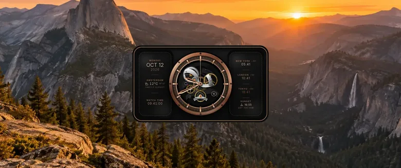 Widget Burger new tab with a clock widget over a mountain sunset